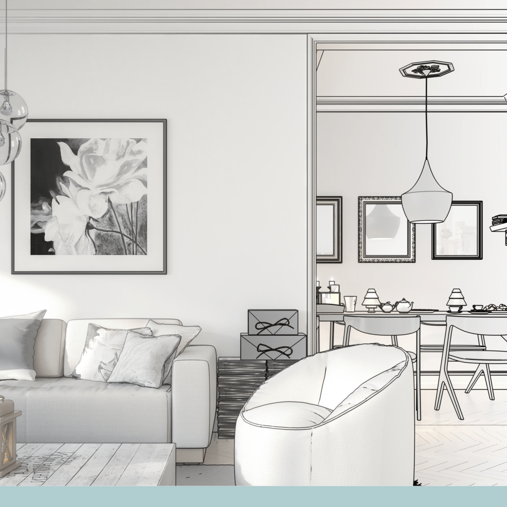 Imagen de un espacio interior donde vemos un comedor y parte de una zona de estar, lo interesante de la imagen es la mezcla de realismo y dibujo ya que el programa que representa de Procreate hace este tipo de collage fenomenal