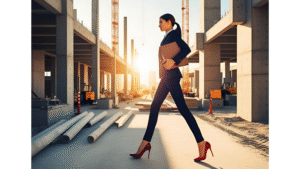 Arquitecta paseando por obra en tacones